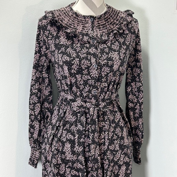 Boden Black Floral Midi Dress Smocked Neckline Button Front Belted Long Sleeve - Picture 6 of 12